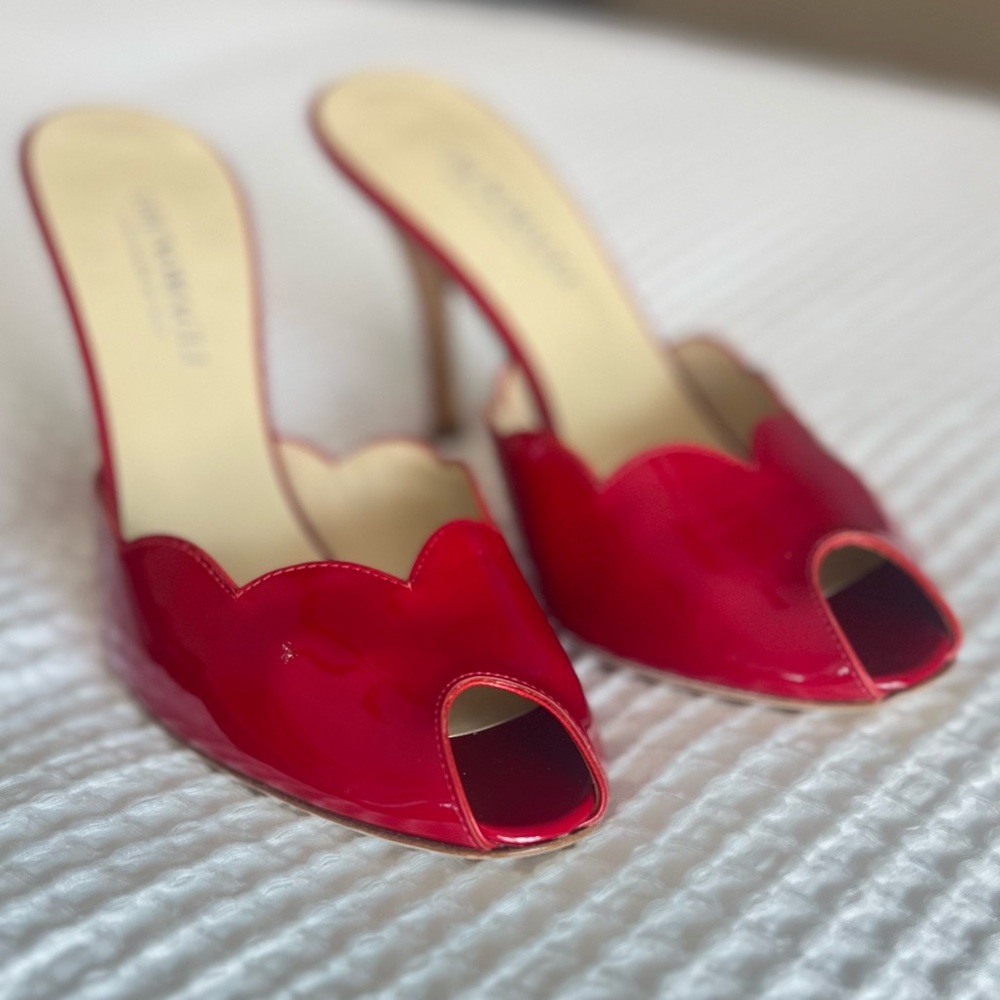 Bruno Magli Red Patent Leather Peep-Toe Heels